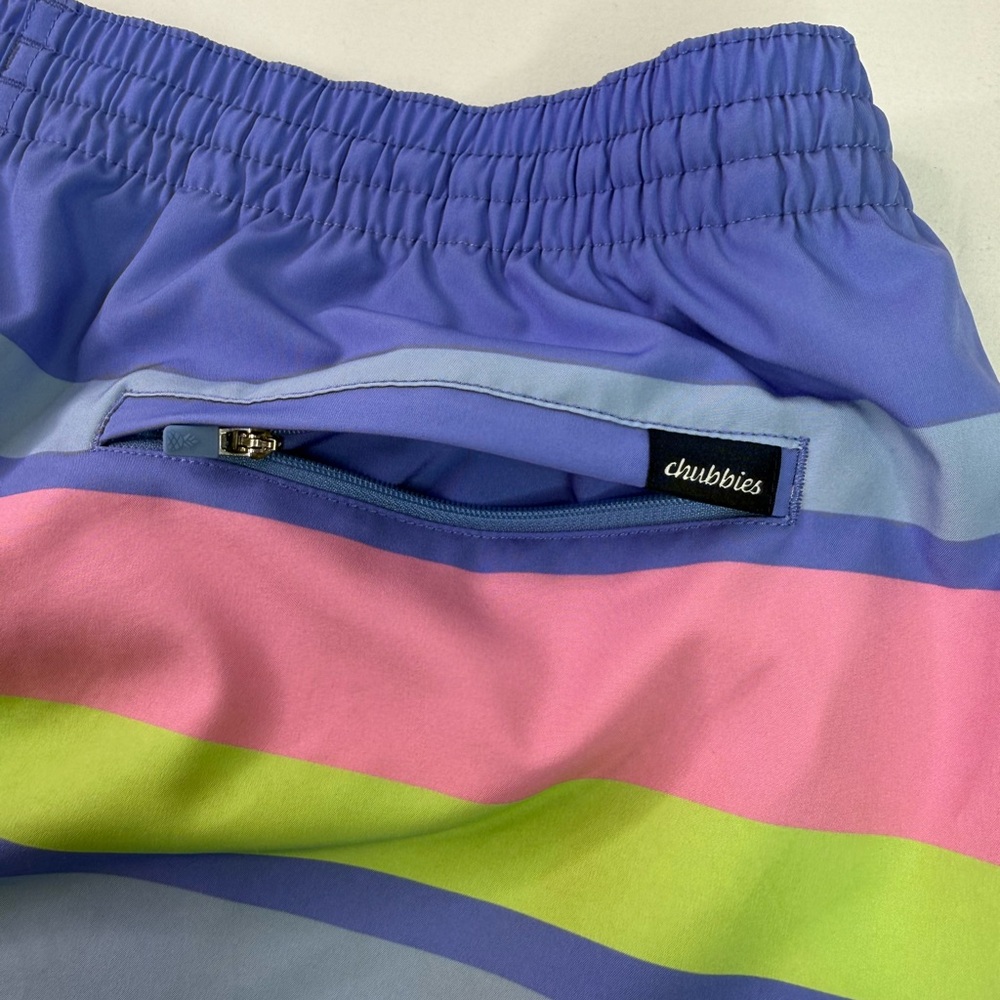 chubbies Men's Blue Swim Trunks with Pink and Lime Stripes - Picture 4 of 8
